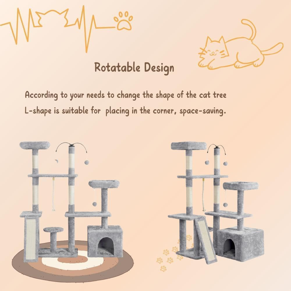 Cat Tree, 53.5 Inch Pet Play House with Sisal Scratching Posts, Condo, Perches, Wide Platform for Indoor Kittens/Adult Cats, Light Gray