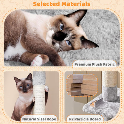 Cat Tree, 53.5 Inch Pet Play House with Sisal Scratching Posts, Condo, Perches, Wide Platform for Indoor Kittens/Adult Cats, Light Gray